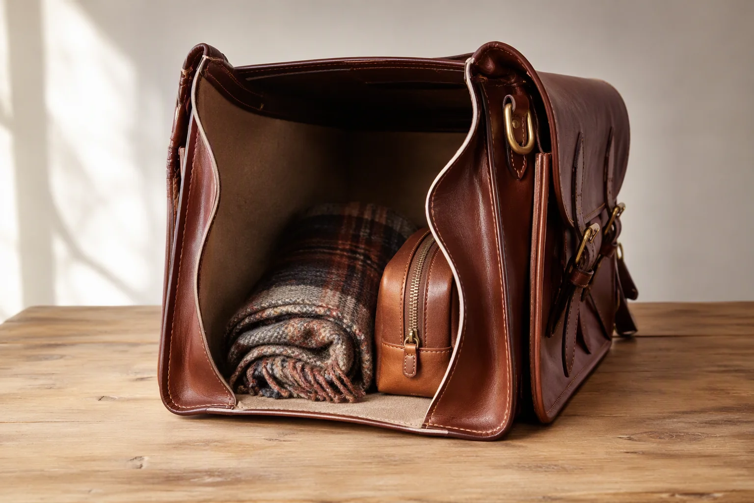 An open satchel with a deep gusset and contents visible