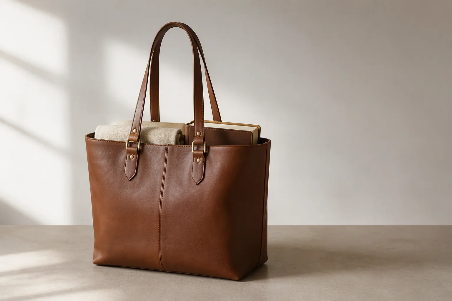 A filled leather tote standing unsupported on its flat base