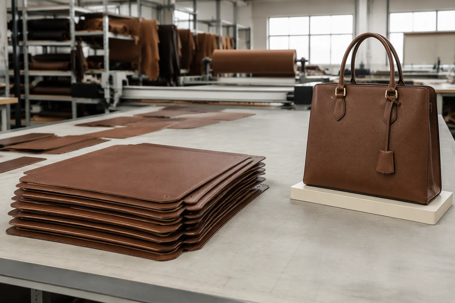 Cut leather panels stacked beside an assembled reference sample on a cutting table