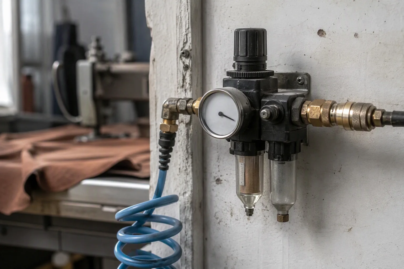 Compressed air line with fittings and a pressure regulator on a factory wall