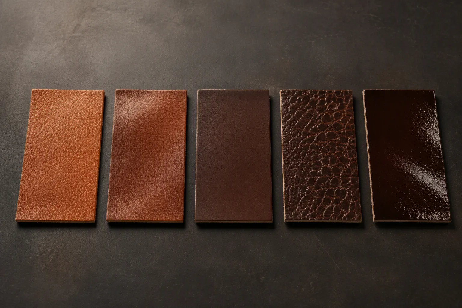 A row of leather swatches showing different surface finishes