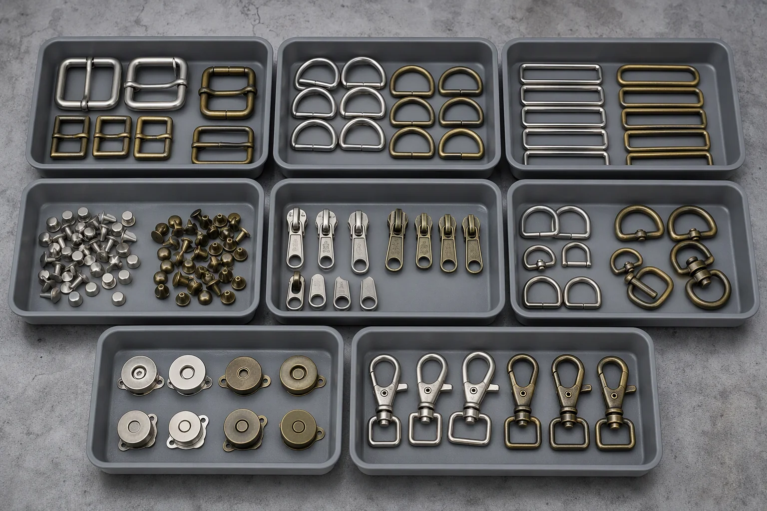 Spare buckles, rings, rivets and zip sliders sorted into trays on a workshop bench