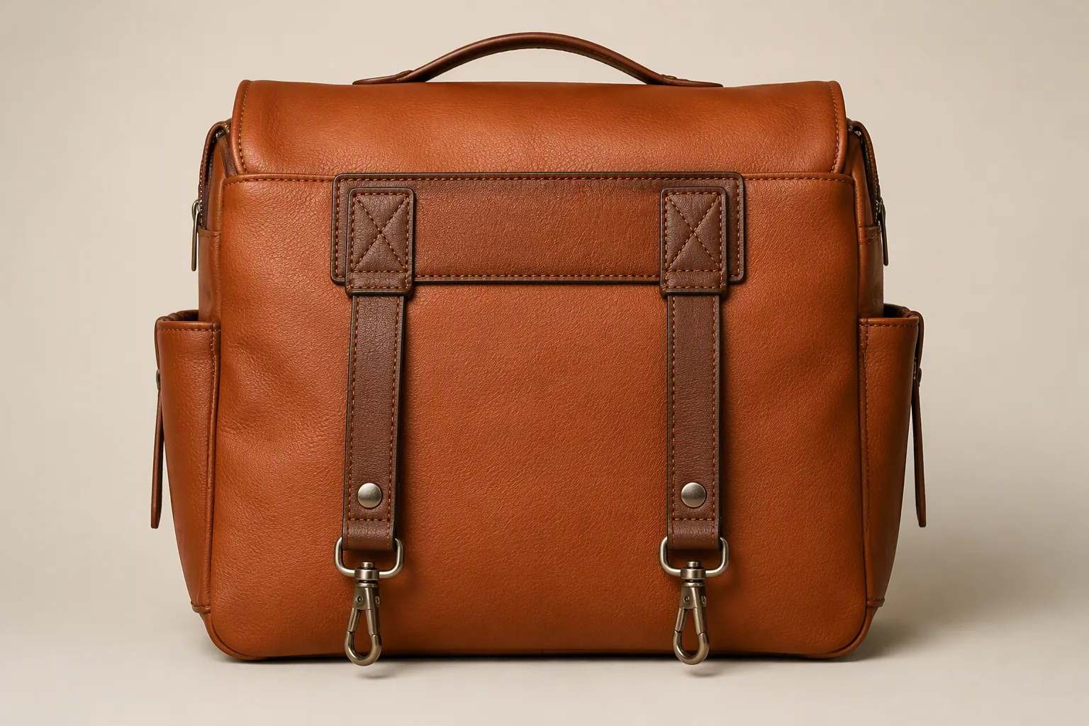 Stroller attachment straps and reinforced panel on the rear of a leather diaper bag