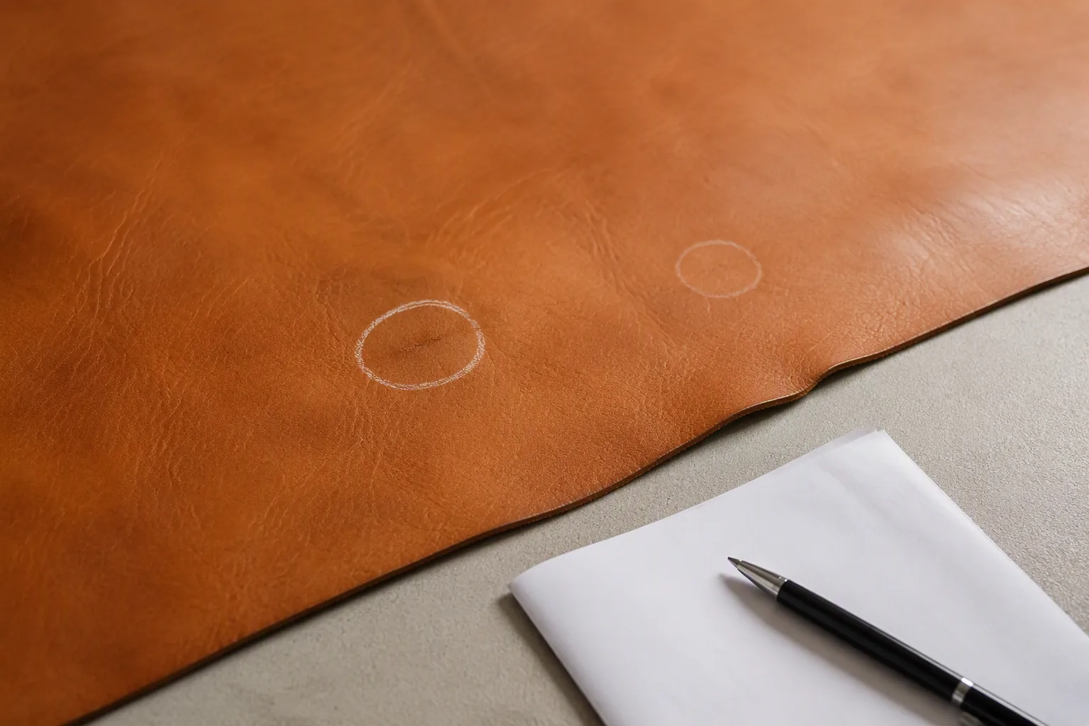 A leather panel on an inspection table with chalk marked flaws