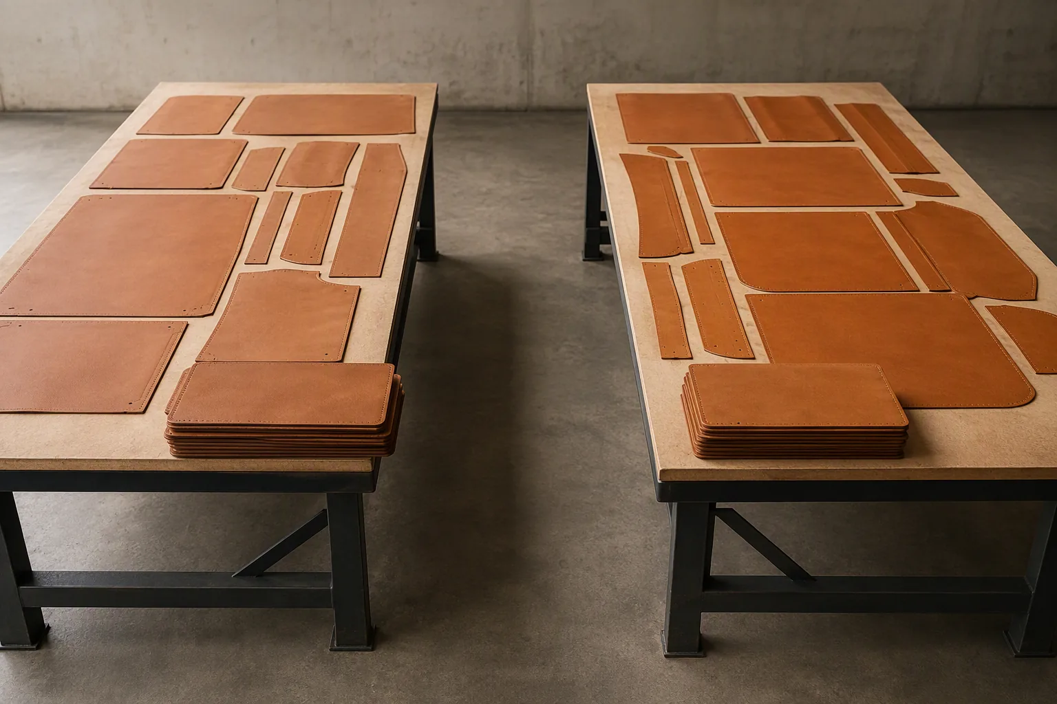 Two cutting stations running side by side with leather panels on each table