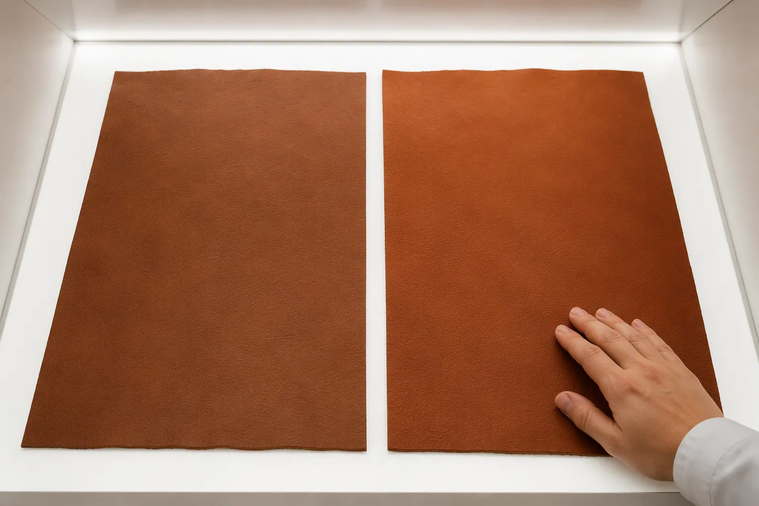 A newly delivered leather panel compared with the stored reference under a light box