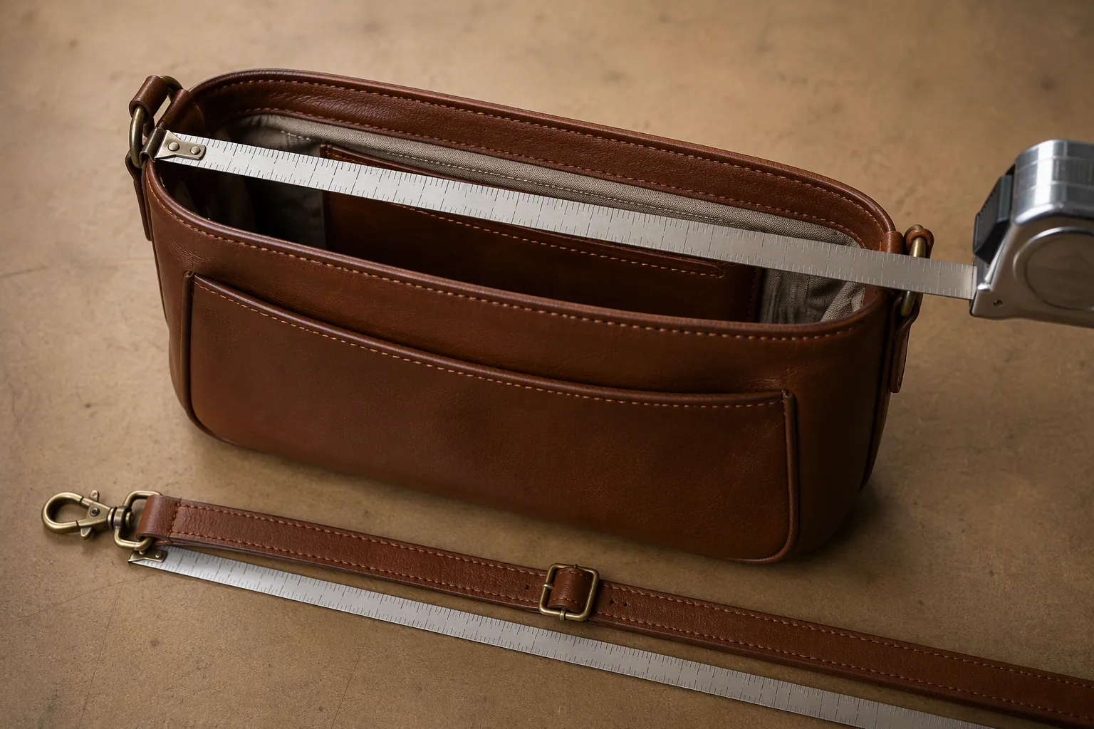 A metal zipper being operated on a finished leather bag as part of function testing