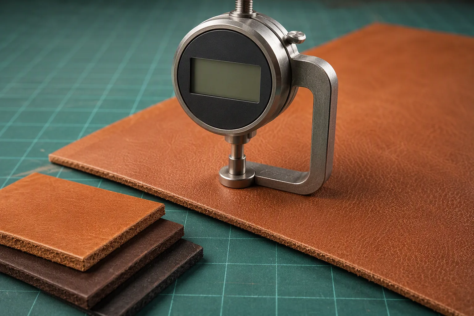 A digital thickness gauge measuring a leather panel beside stacked sample swatches