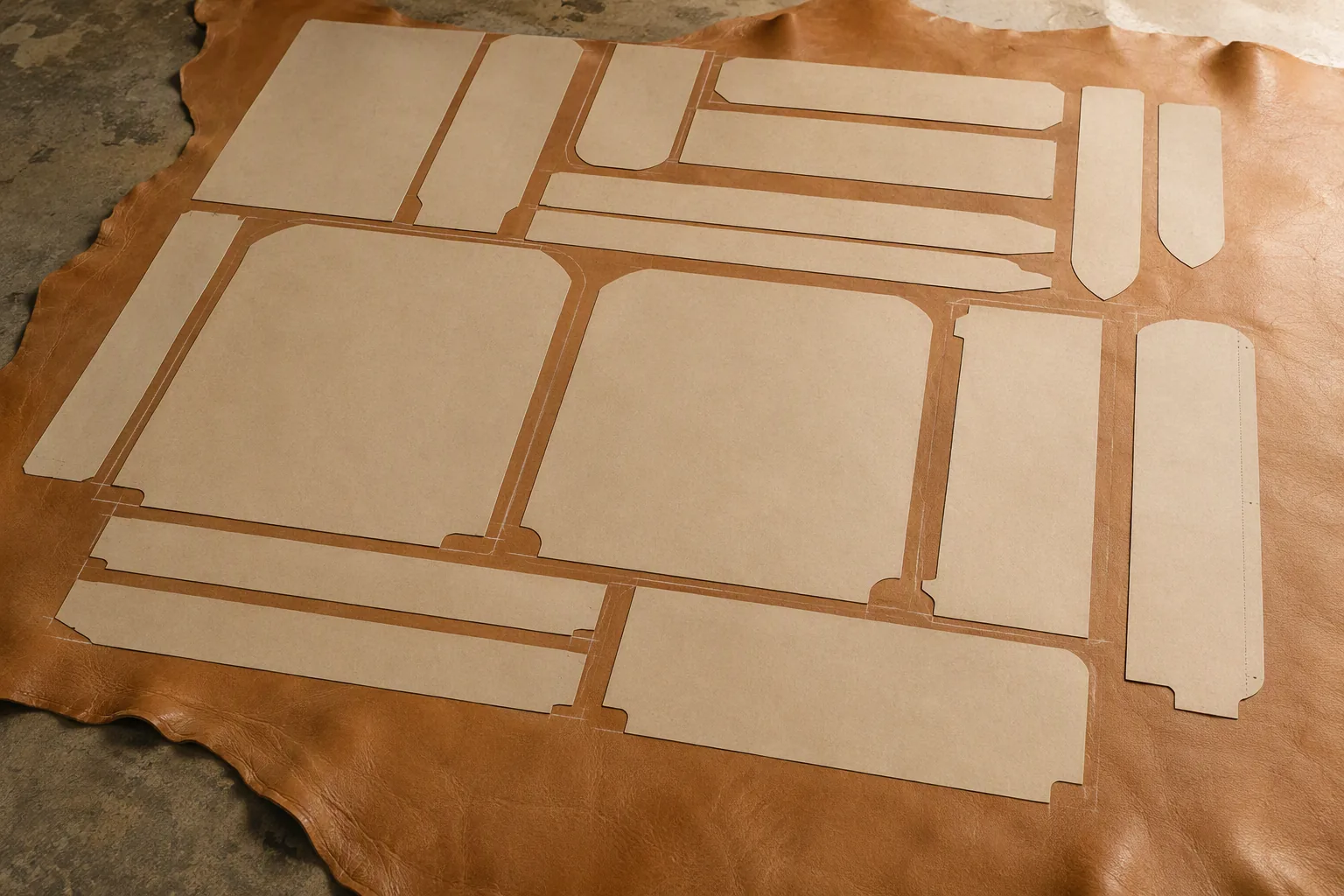 Paper pattern pieces laid on a leather hide, all aligned in one direction
