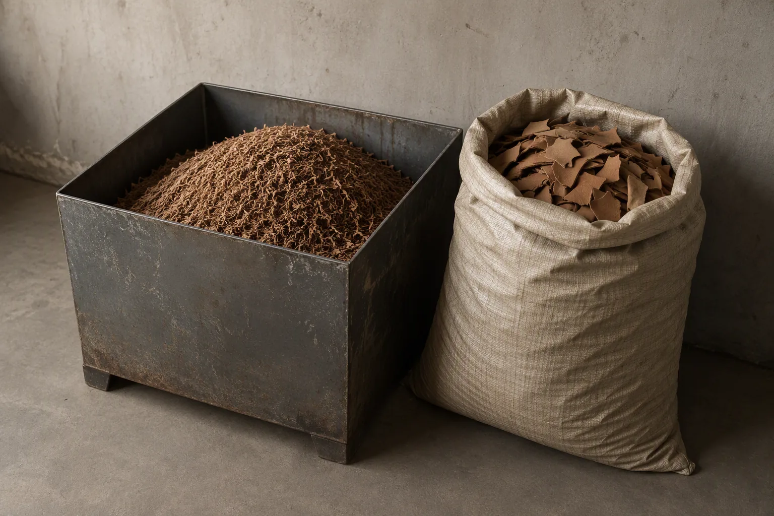 A container of leather shavings and a sack of small fragments in a waste collection area