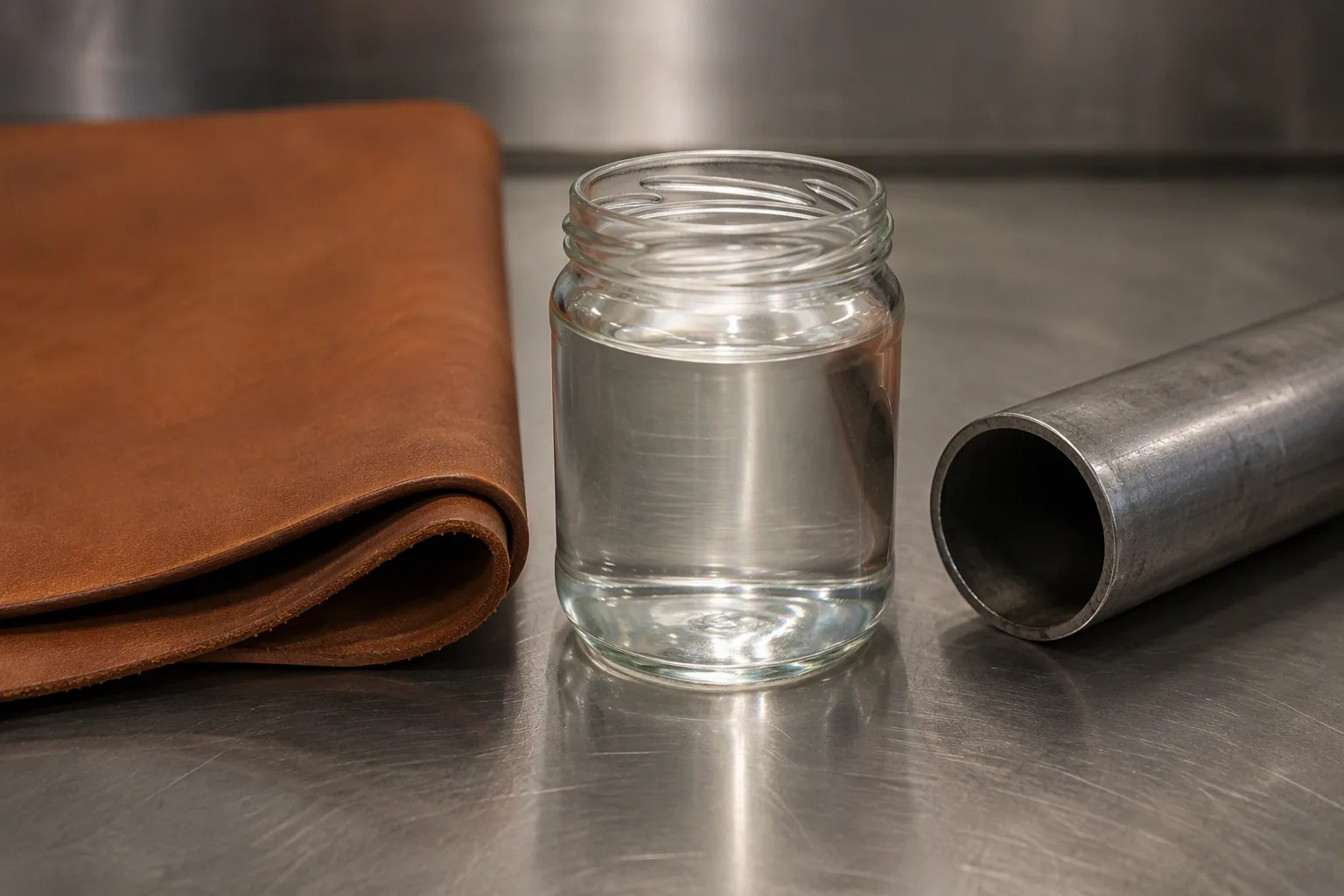 A clear glass jar of treated process water beside a folded tanned leather side