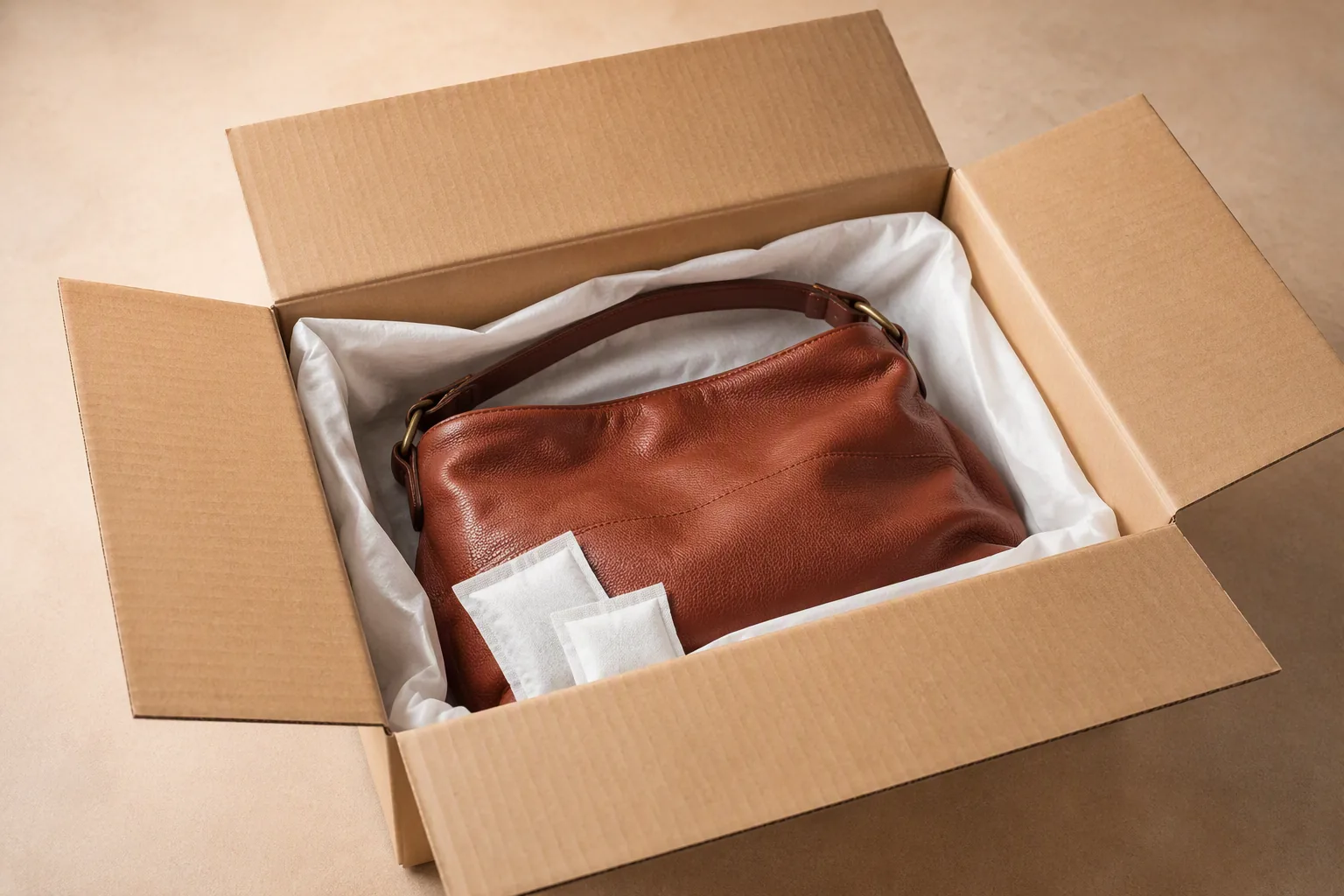 A leather bag in an open carton lined with tissue and unlabelled desiccant sachets
