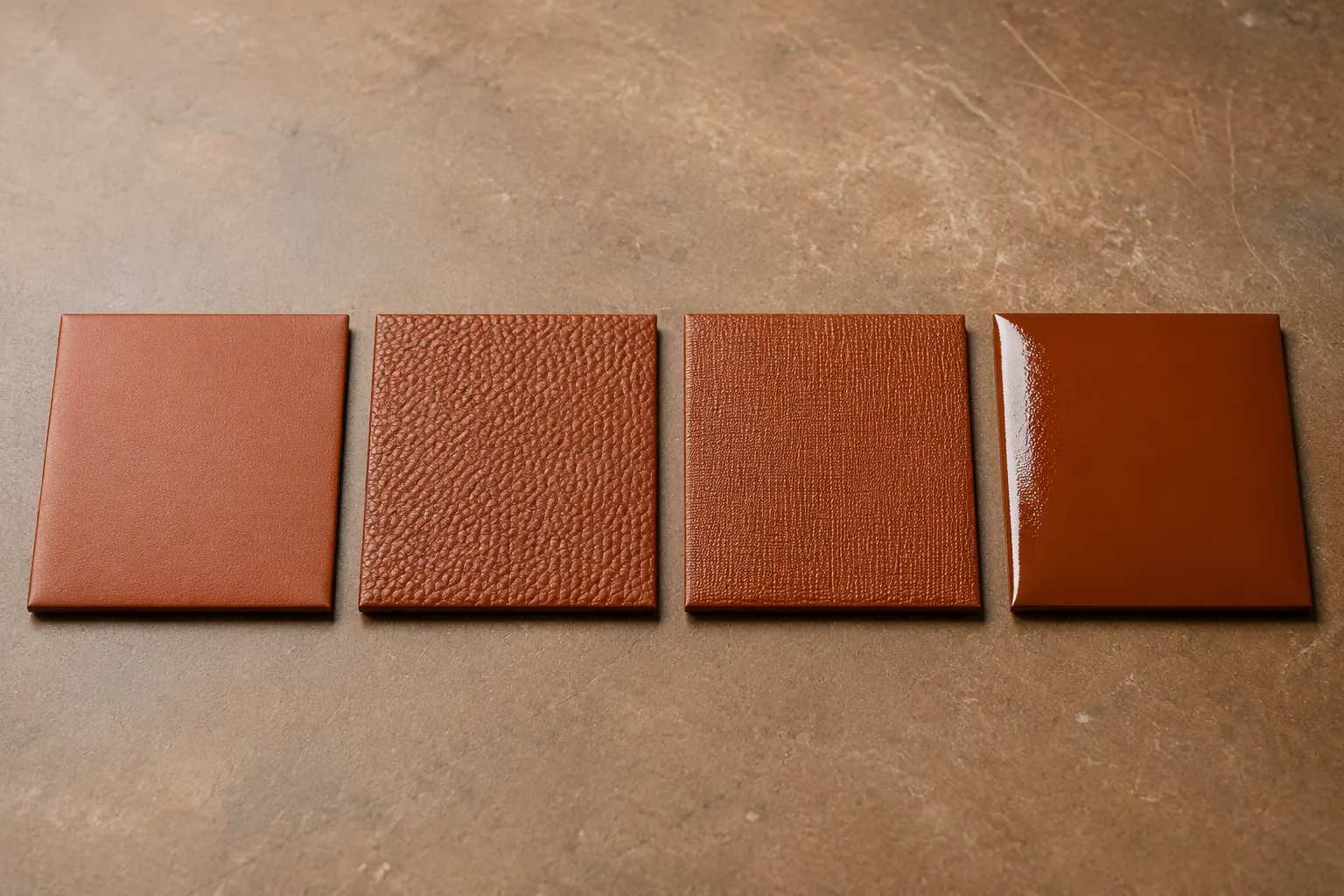Four leather panels with plain, pebbled, printed and glossy surfaces side by side