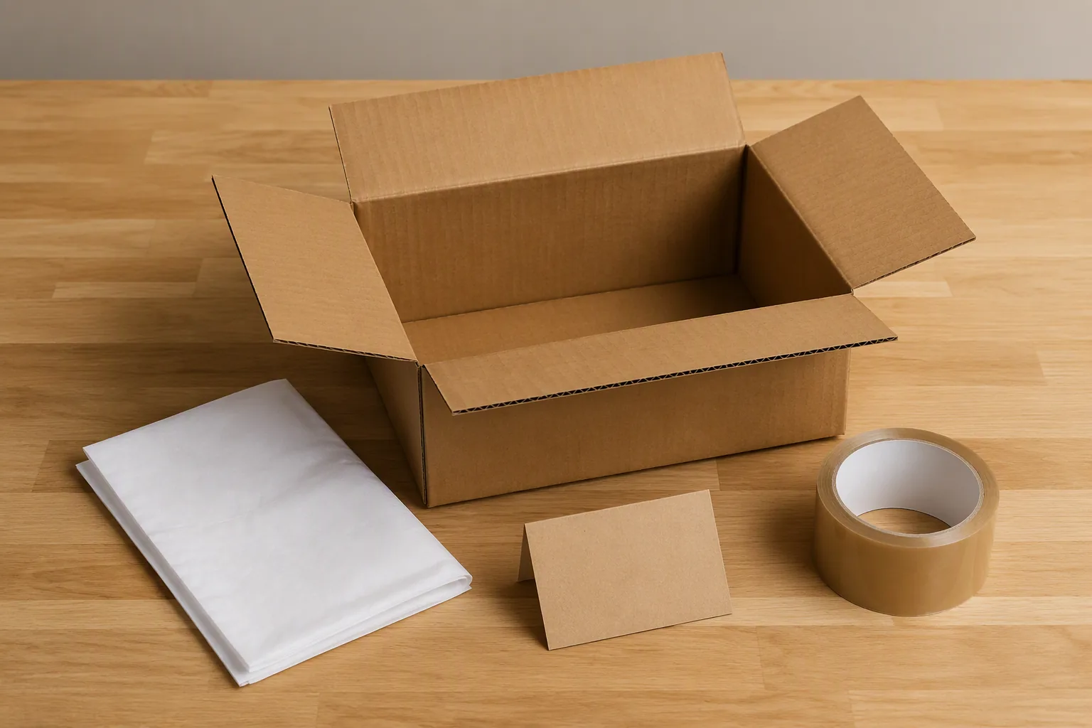 Plain packaging materials including a carton, tissue, a blank tag and a roll of tape