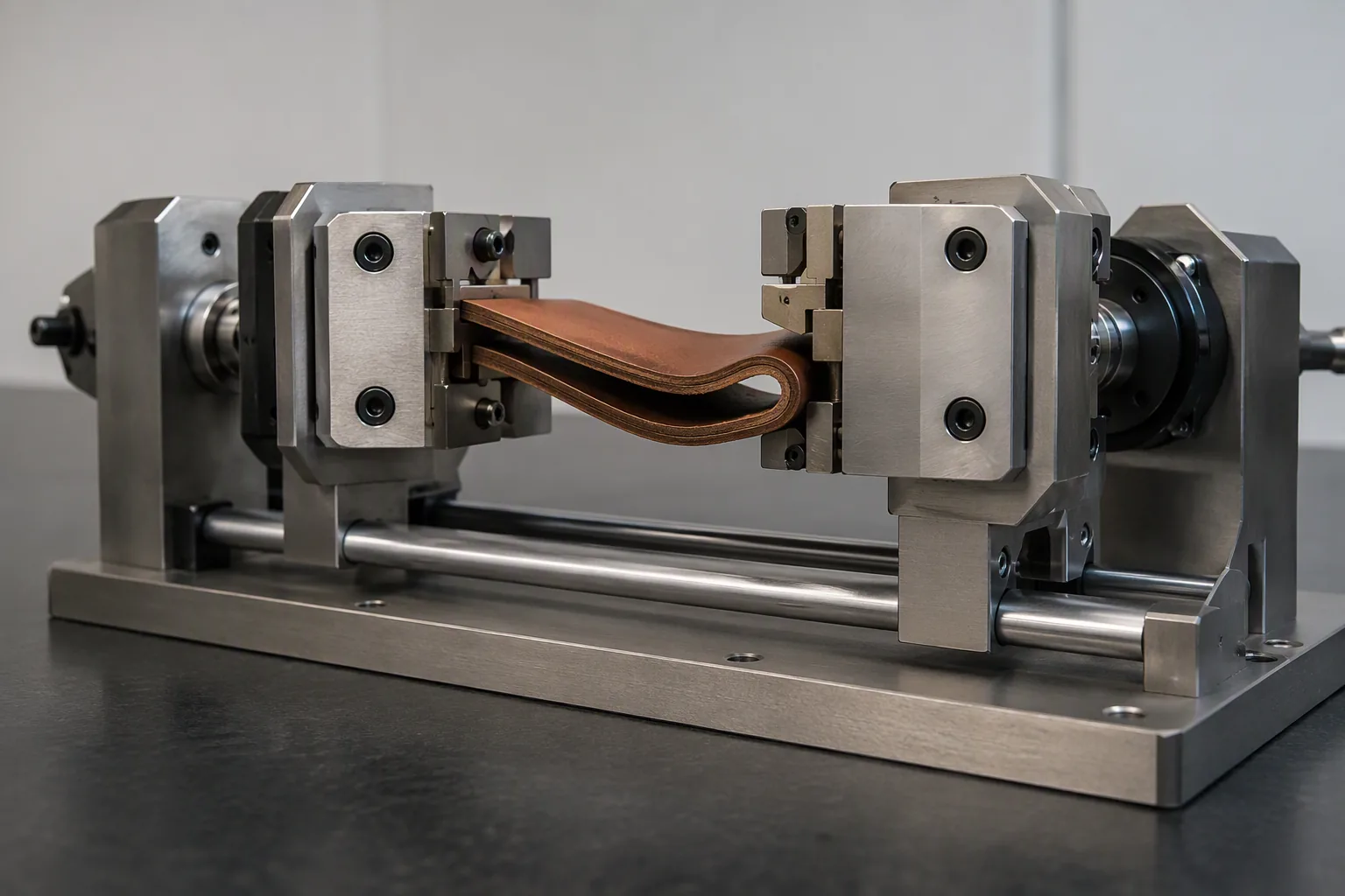 A mechanical flex-fatigue test rig holding a leather strip bent into a tight fold