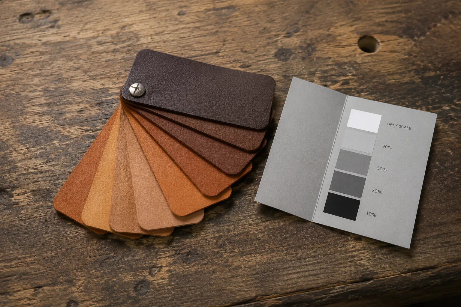 Leather colour swatches fanned out beside a neutral reference card