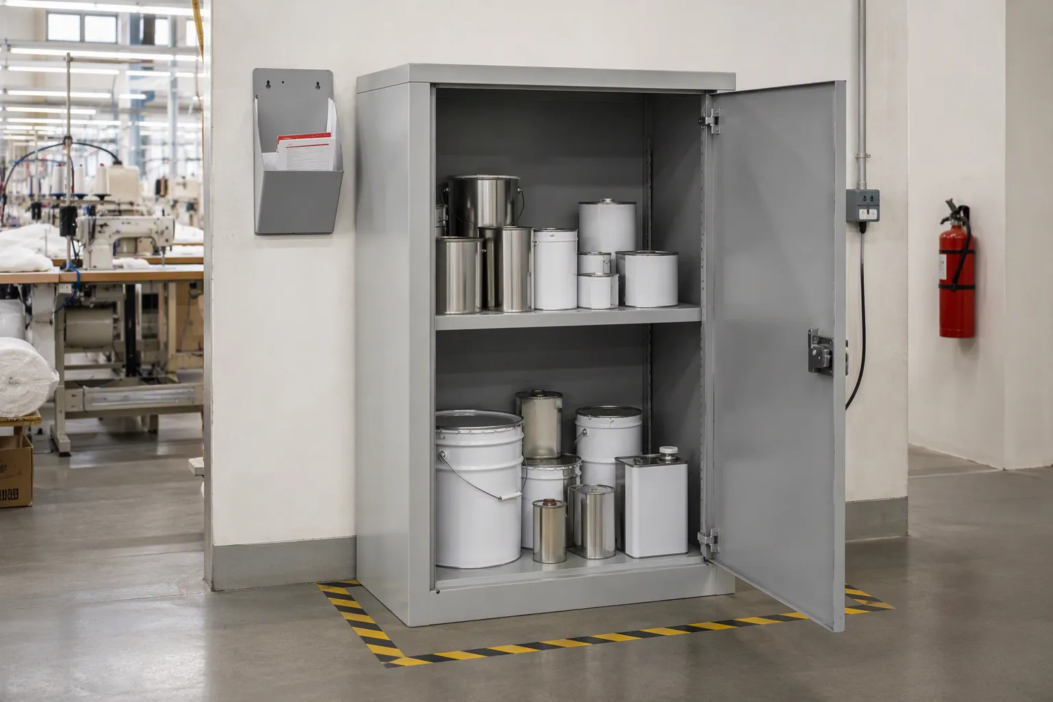 A steel safety cabinet with an open door showing cans on two shelves