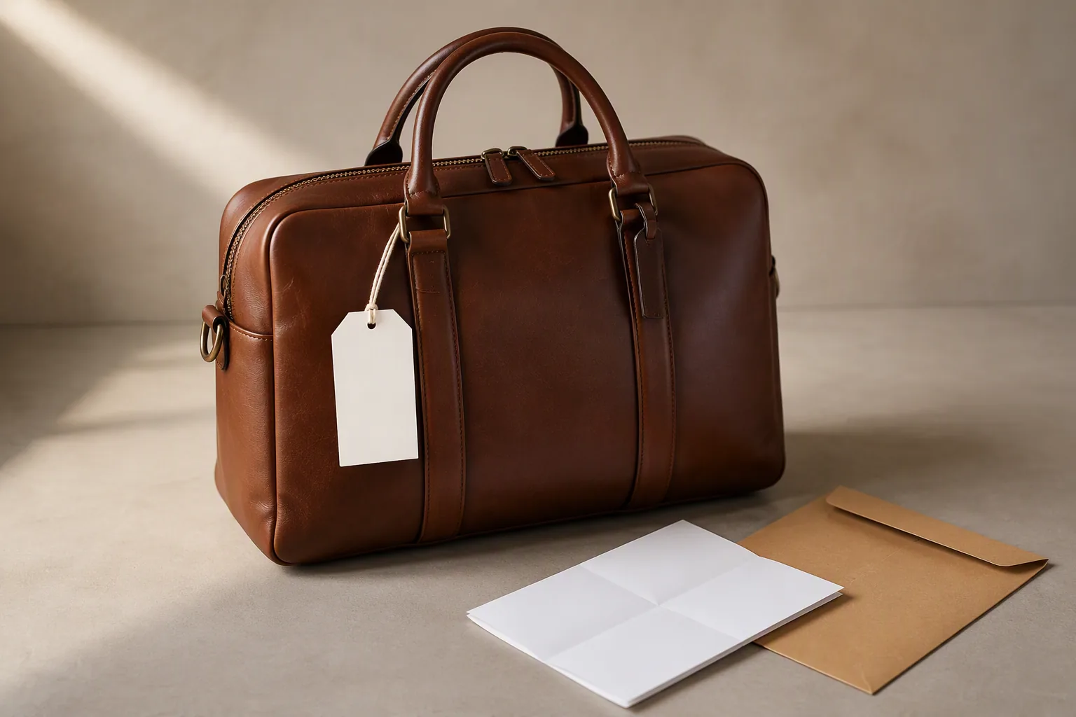 A finished leather bag with a blank hangtag and a folded document beside it