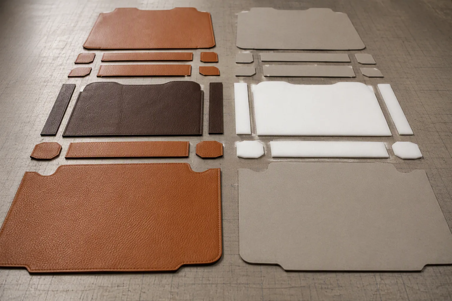 Reinforcement pieces cut to pattern shapes beside matching leather panels on a cutting table