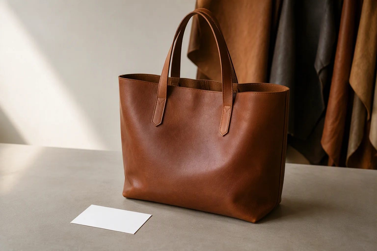 A finished leather tote with a blank card label on a plain bench