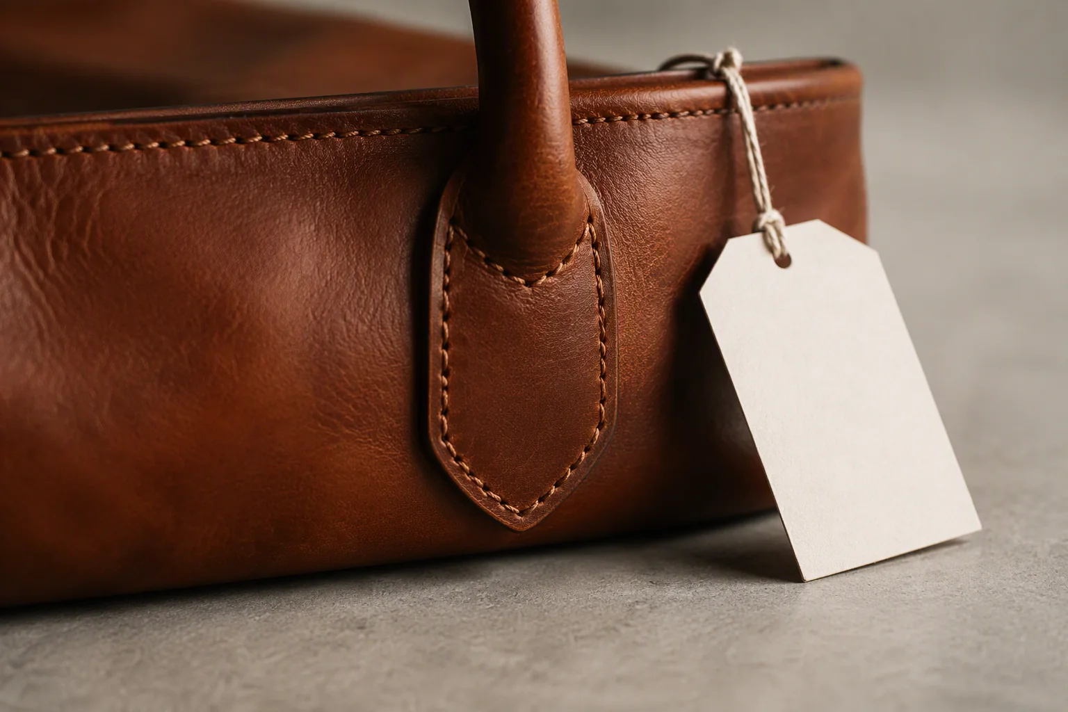 Close view of a leather bag handle attachment and stitching