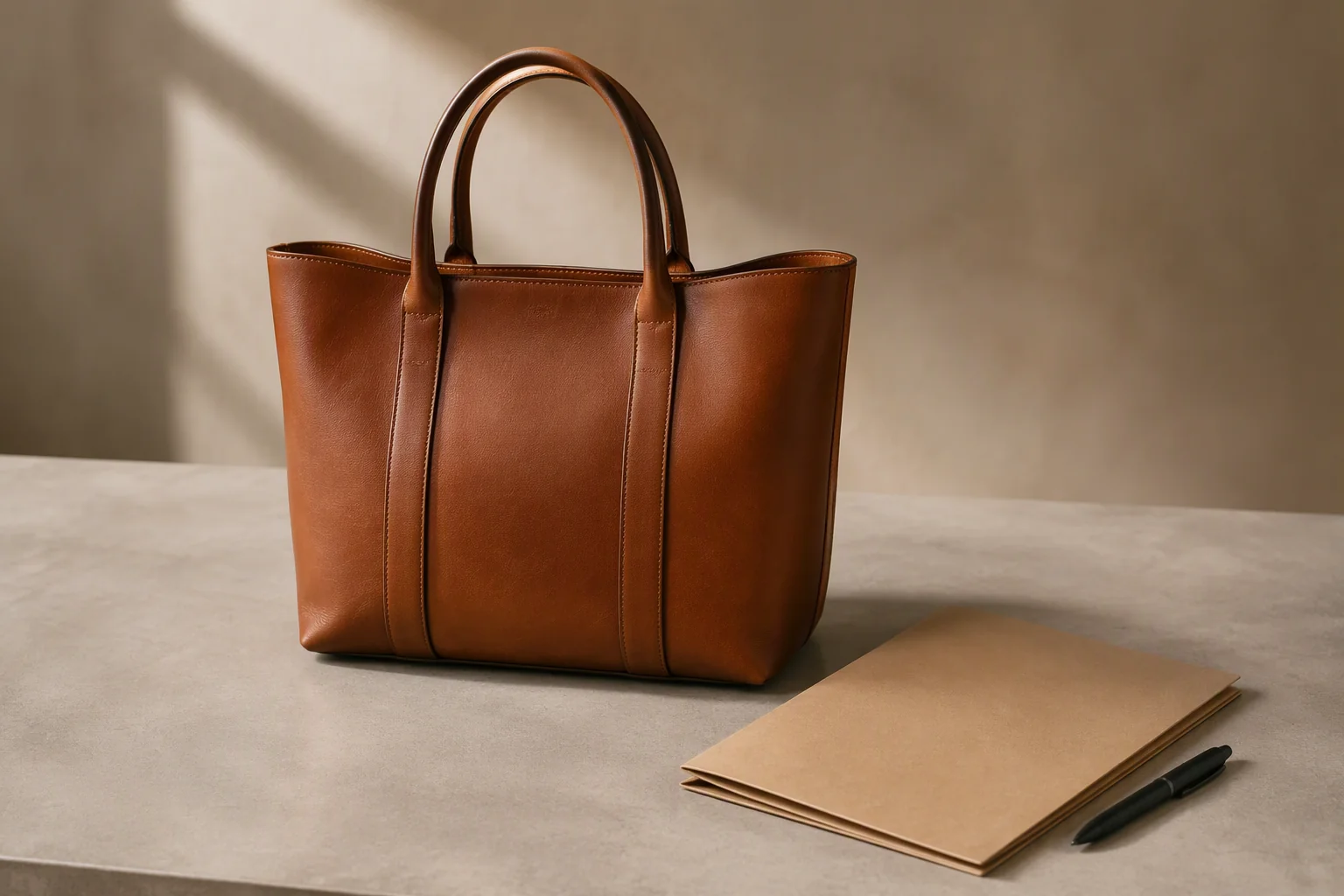 A plain document folder and pen beside a finished leather tote