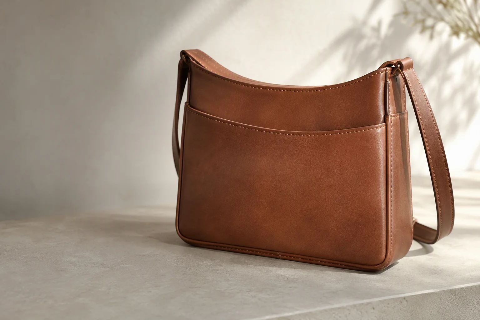 A leather shoulder bag with a front slip pocket and side gusset