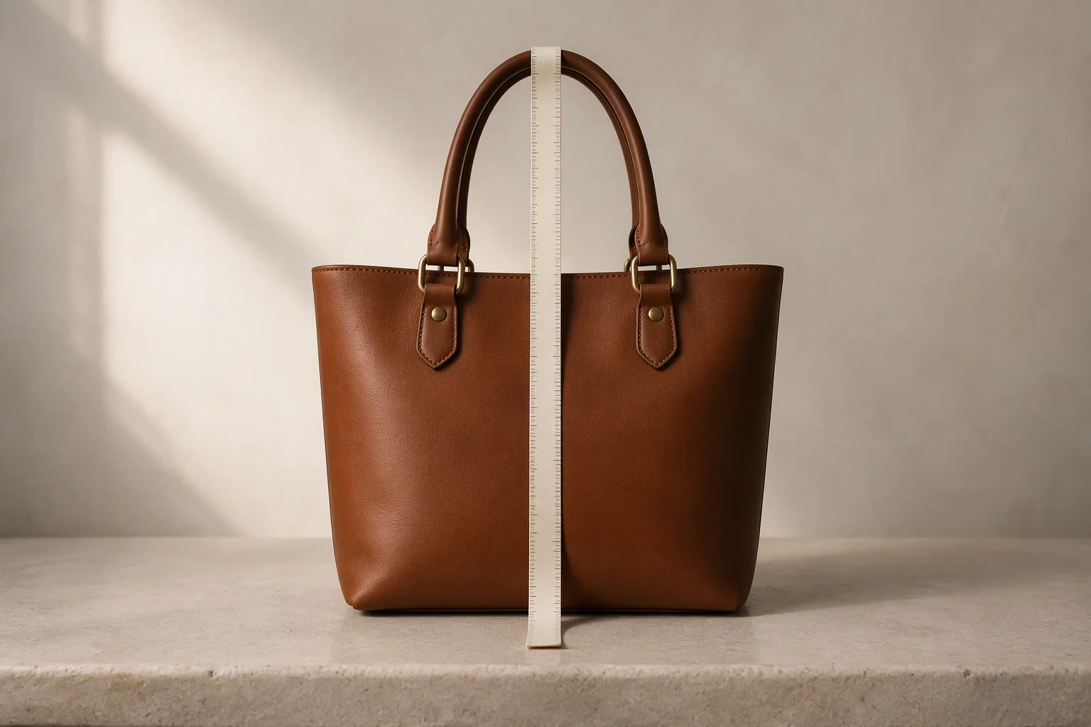 Close view of a leather bag handle attachment with reinforcement stitching