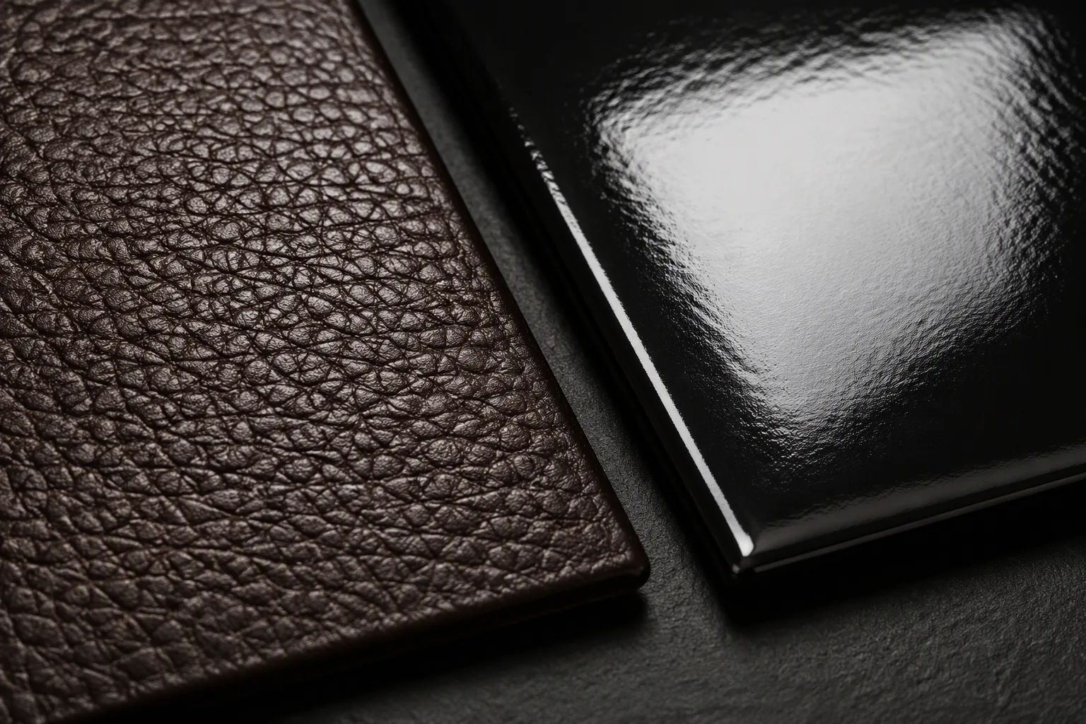 An embossed leather panel beside a high-gloss patent panel reflecting light