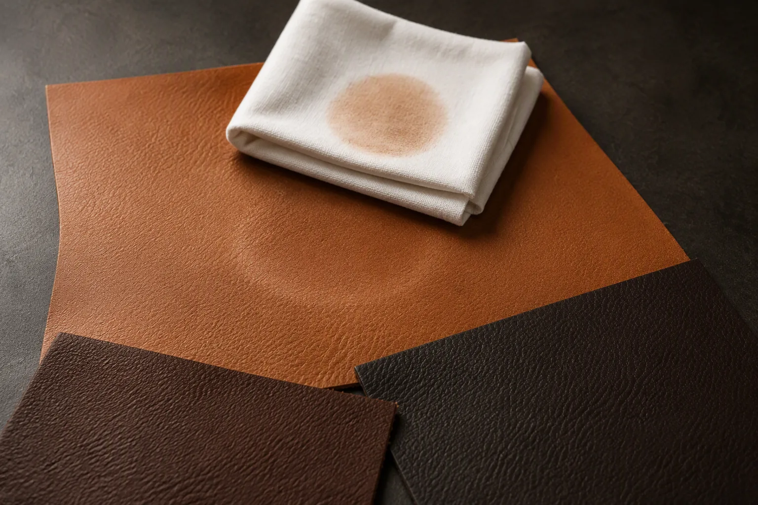 A rub test in progress on a leather panel with a white cloth and comparison swatches