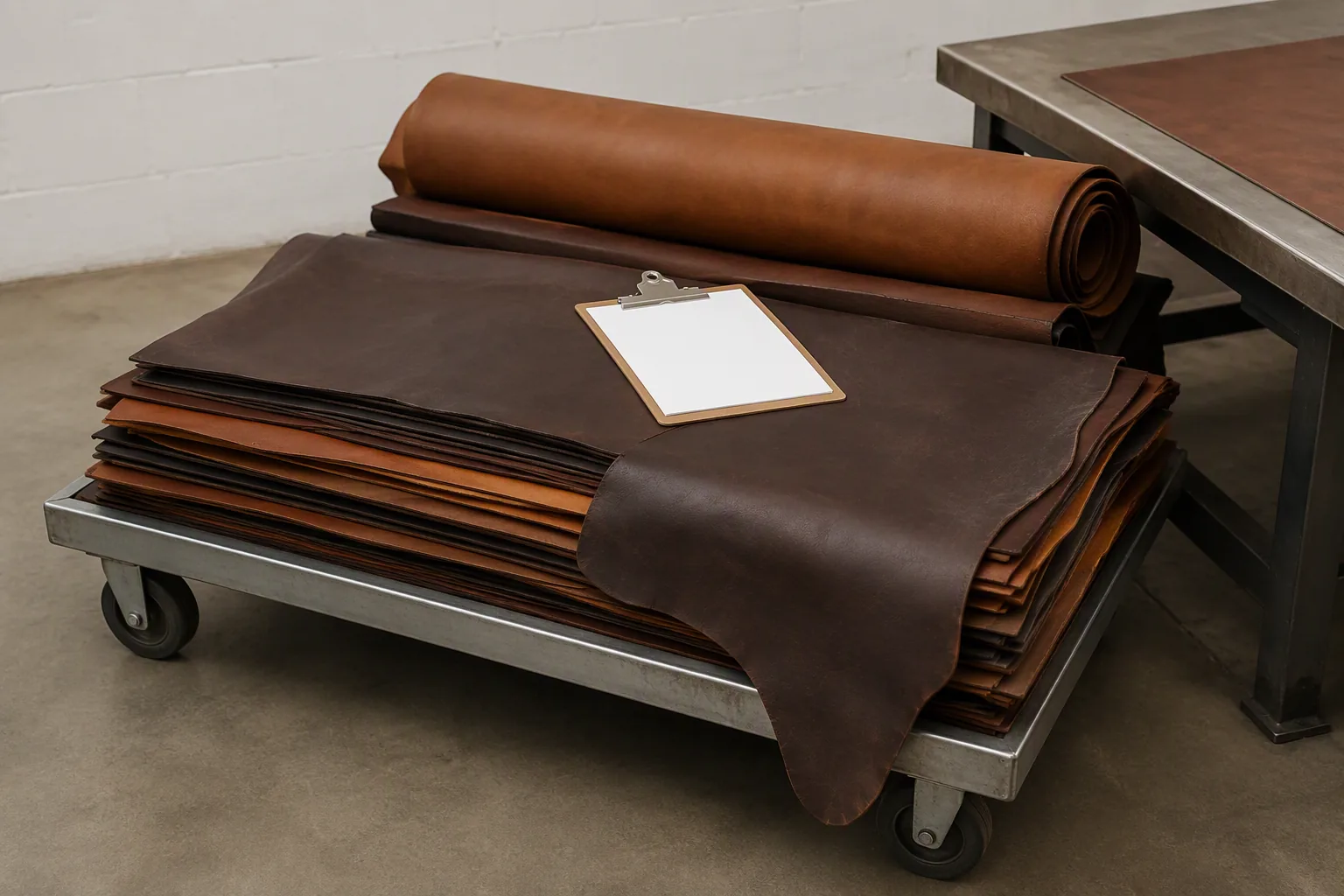 Rolled leather panels stacked on a goods-in trolley awaiting inspection
