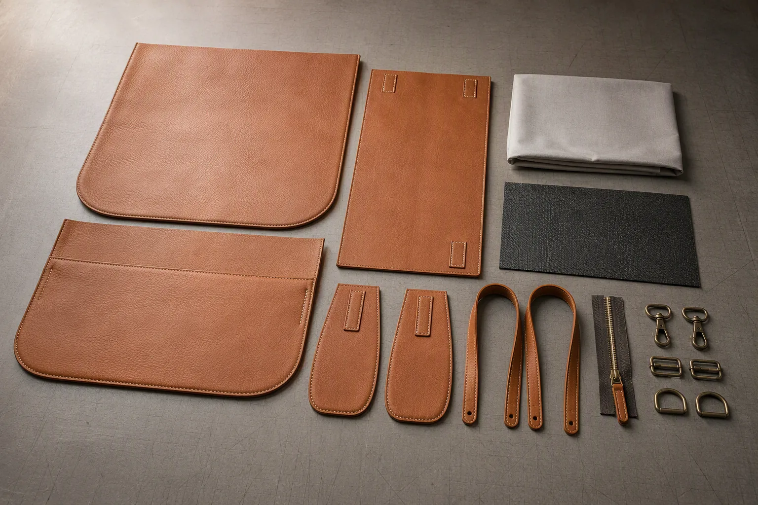 A leather bag laid out in its separate components on a cutting table