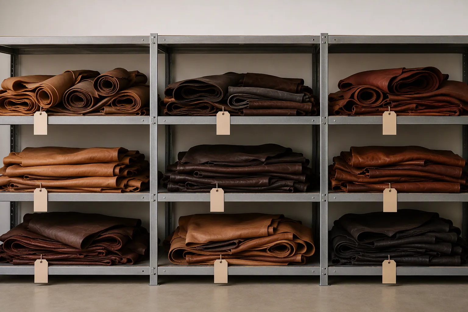 Leather bundles stored in identified bays in a factory storage area