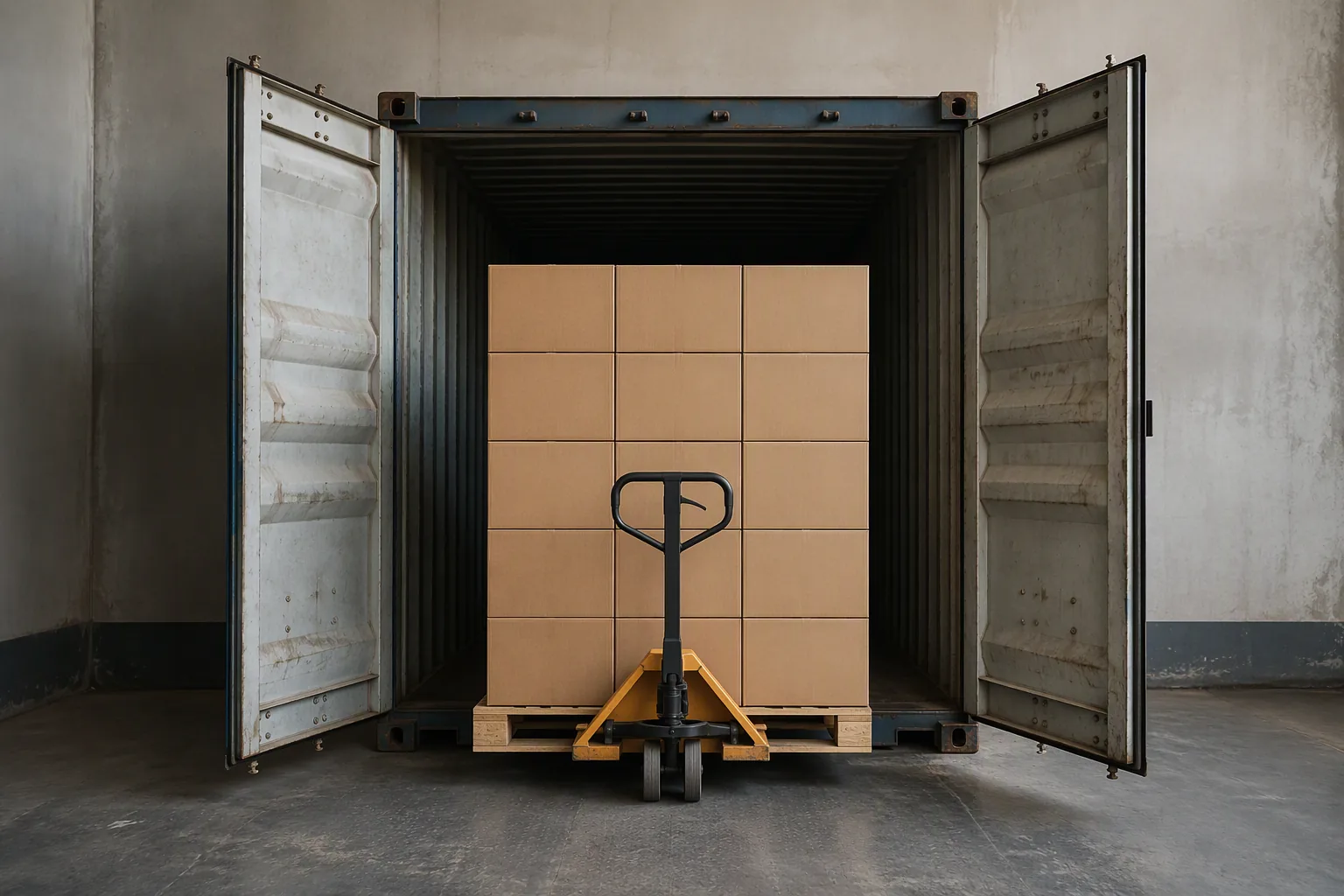 A pallet of cartons being loaded into a shipping container at a factory dock
