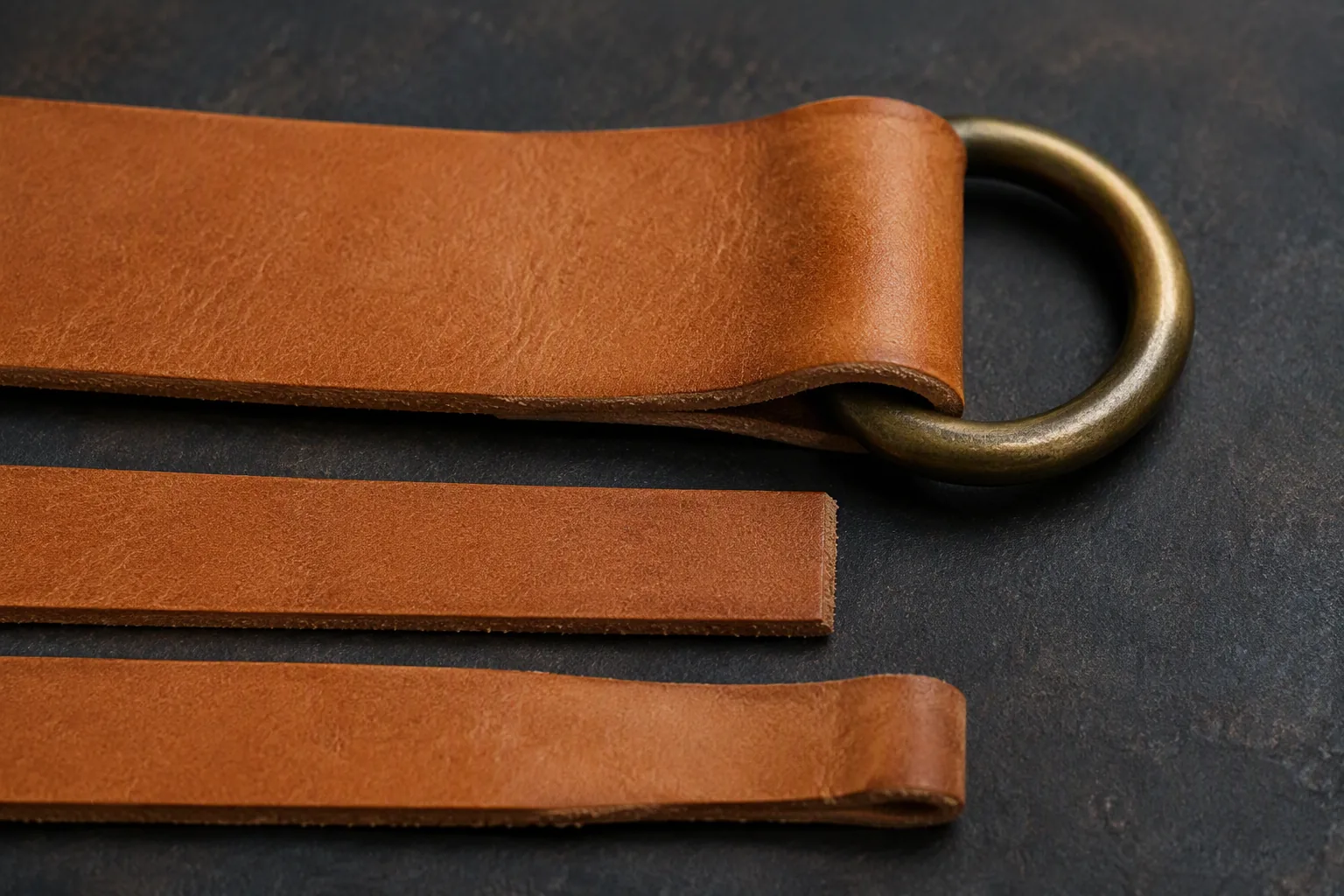 A skived and folded leather strap end around a metal ring on a workshop bench
